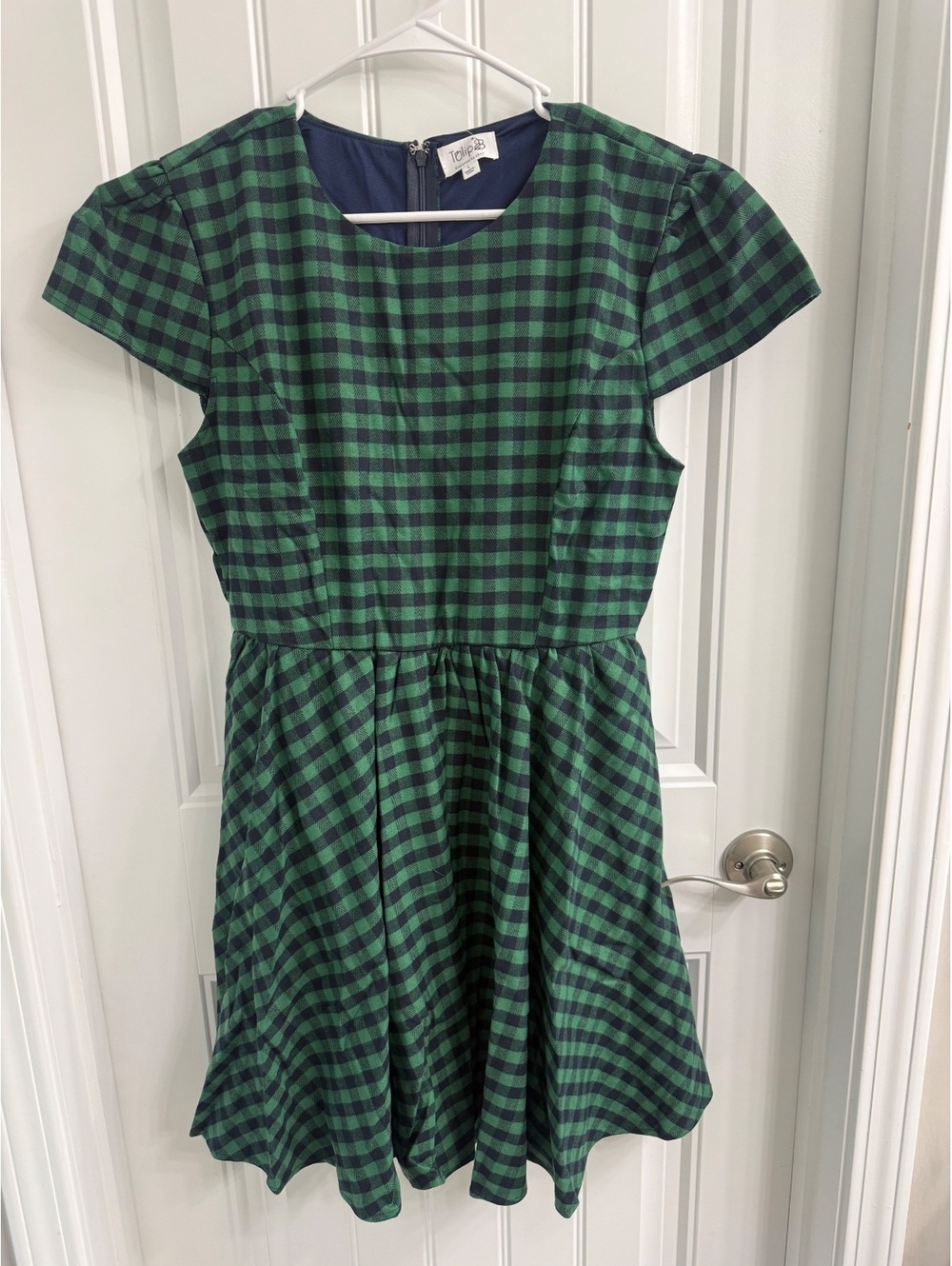 Tulip B Green and Navy Checkered Fit & Flare Dress - Picture 3 of 6